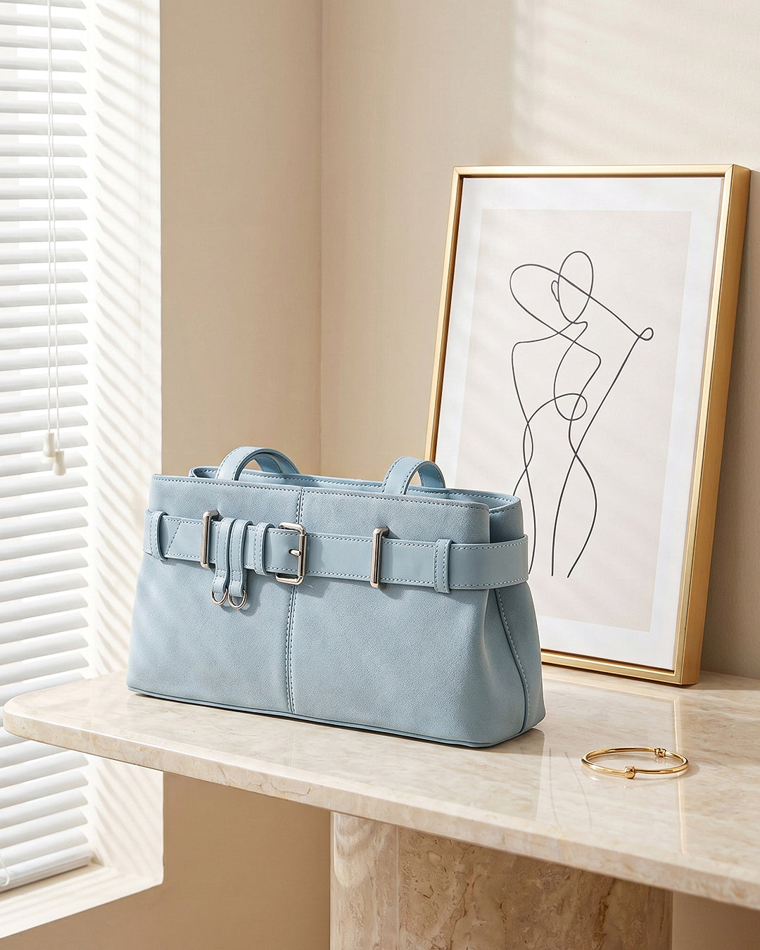 StyleShoot's Buckle Detail Structured Shoulder Bag in Baby Blue