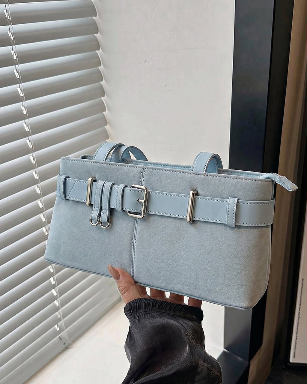 StyleShoot's Buckle Detail Structured Shoulder Bag in Baby Blue
