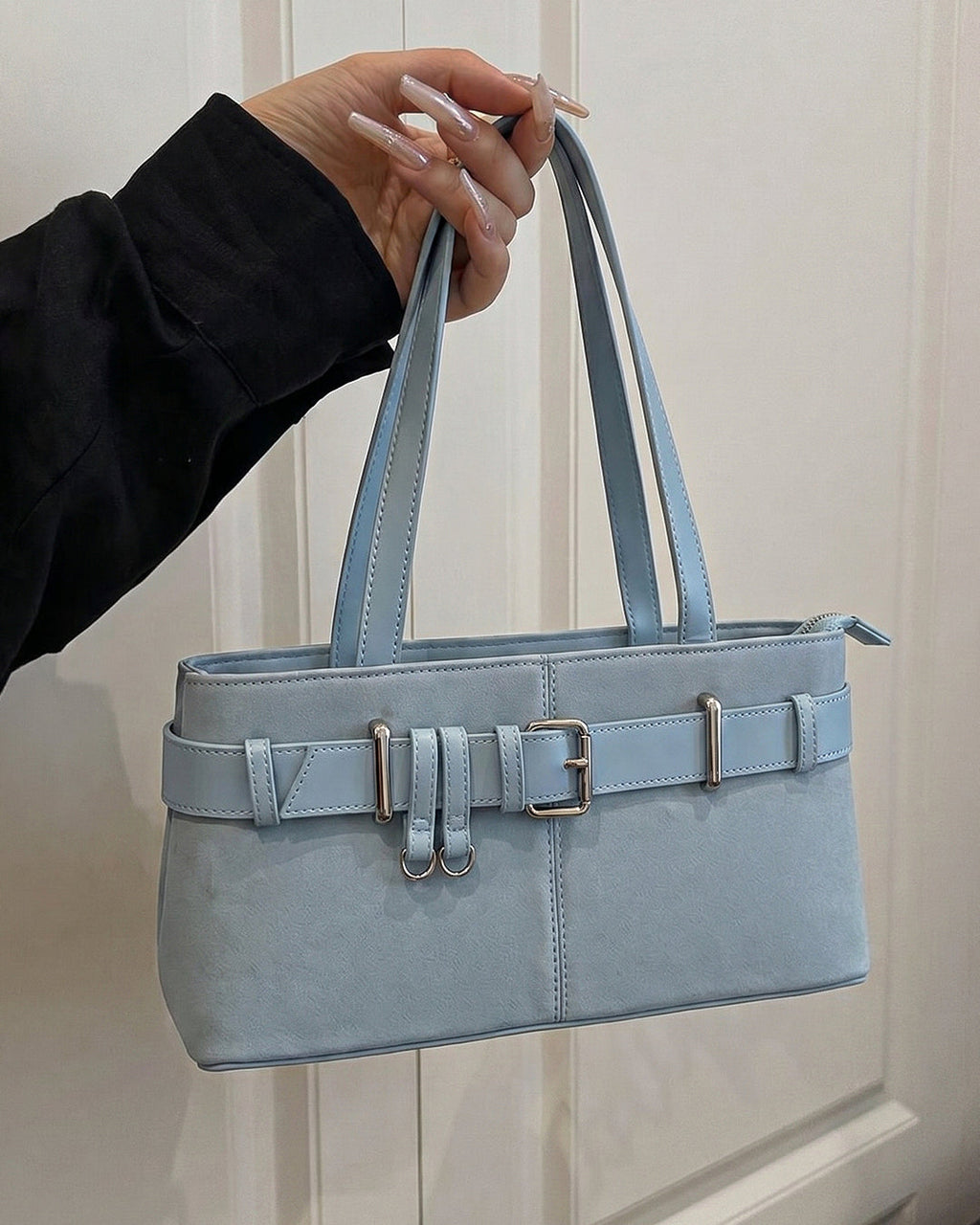 StyleShoot's Buckle Detail Structured Shoulder Bag in Baby Blue