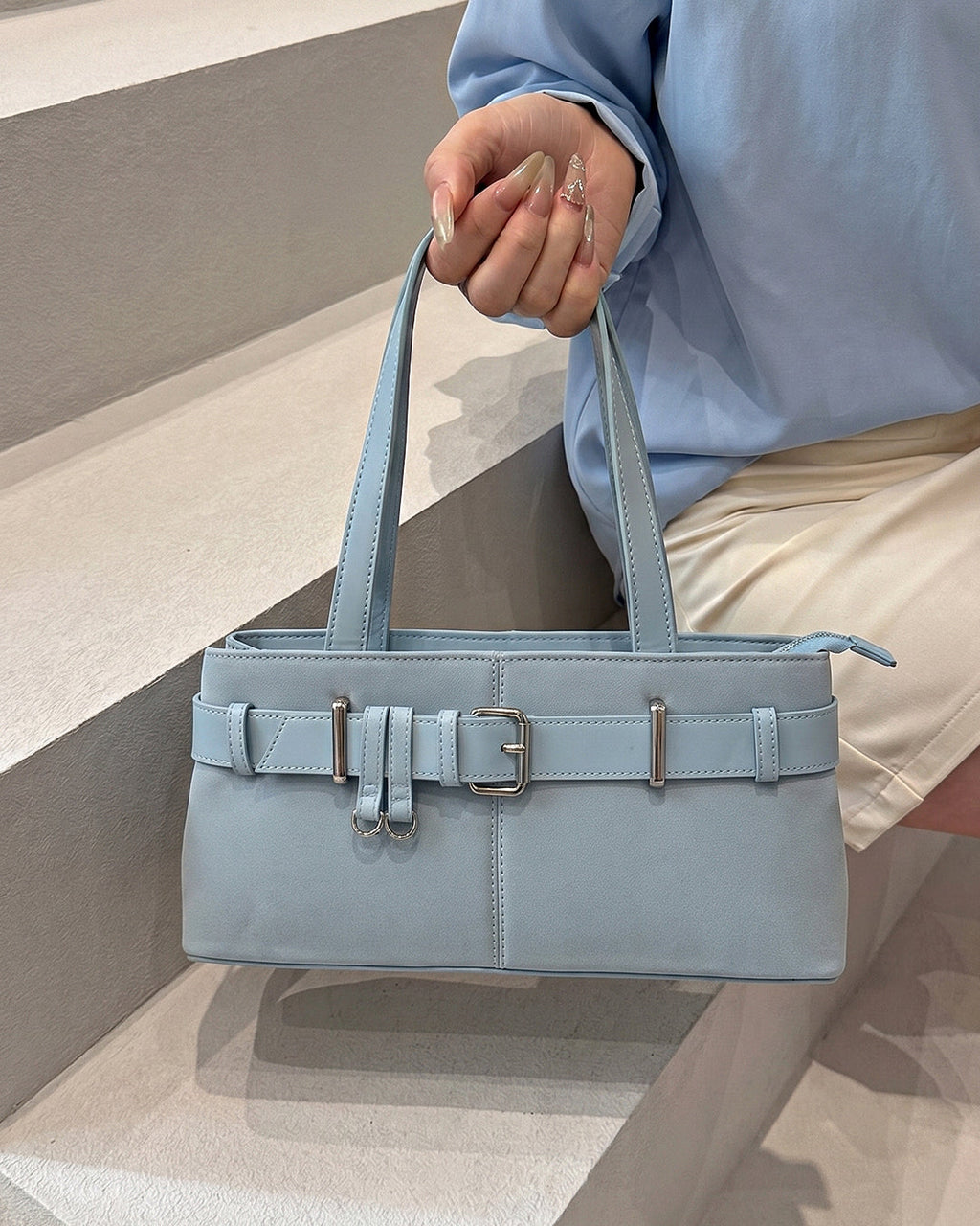 StyleShoot's Buckle Detail Structured Shoulder Bag in Baby Blue
