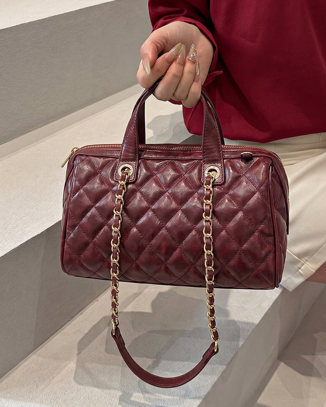 StyleShoot's Quilted Chain Strap Shoulder Bag in Cherry Red