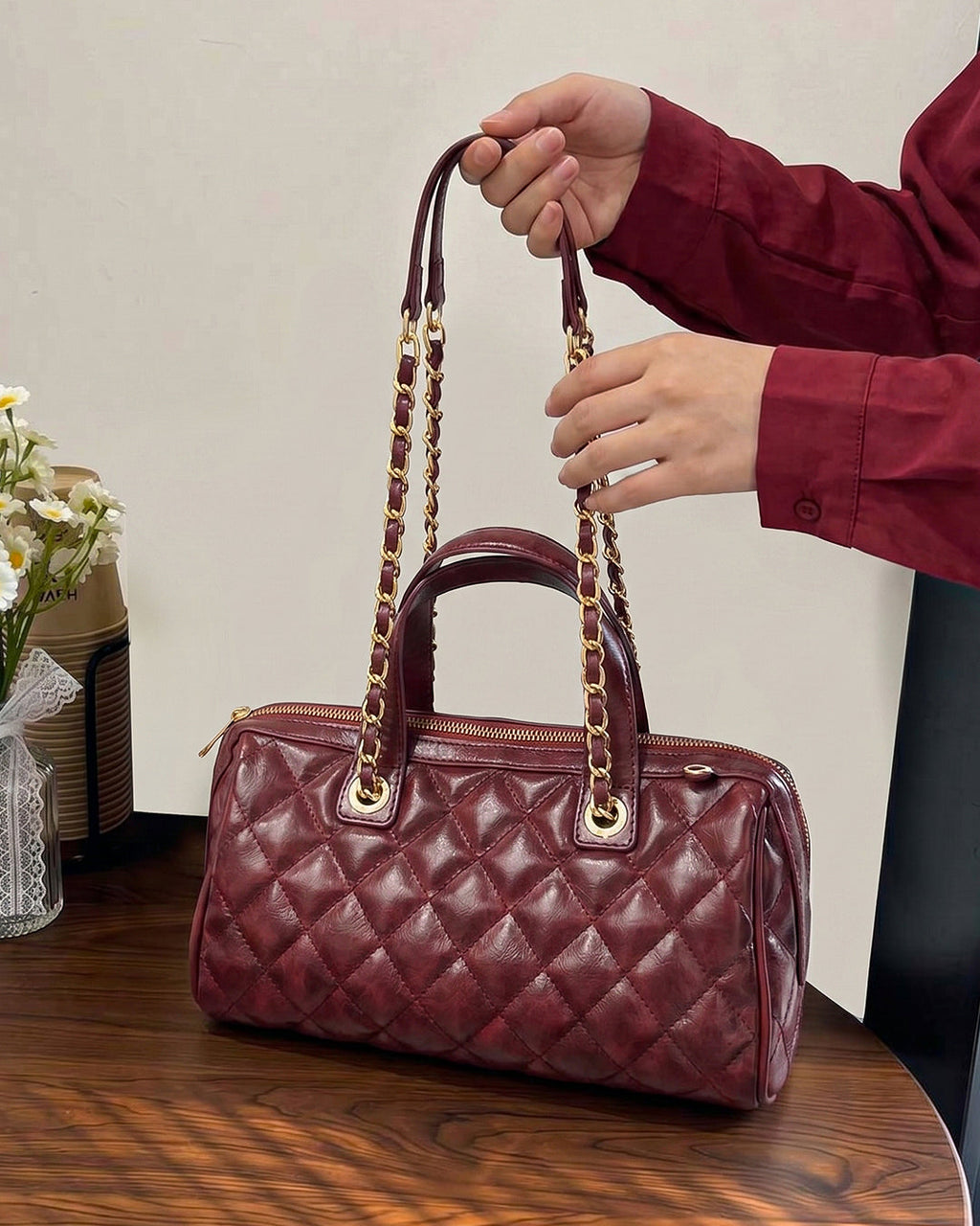 StyleShoot's Quilted Chain Strap Shoulder Bag in Cherry Red
