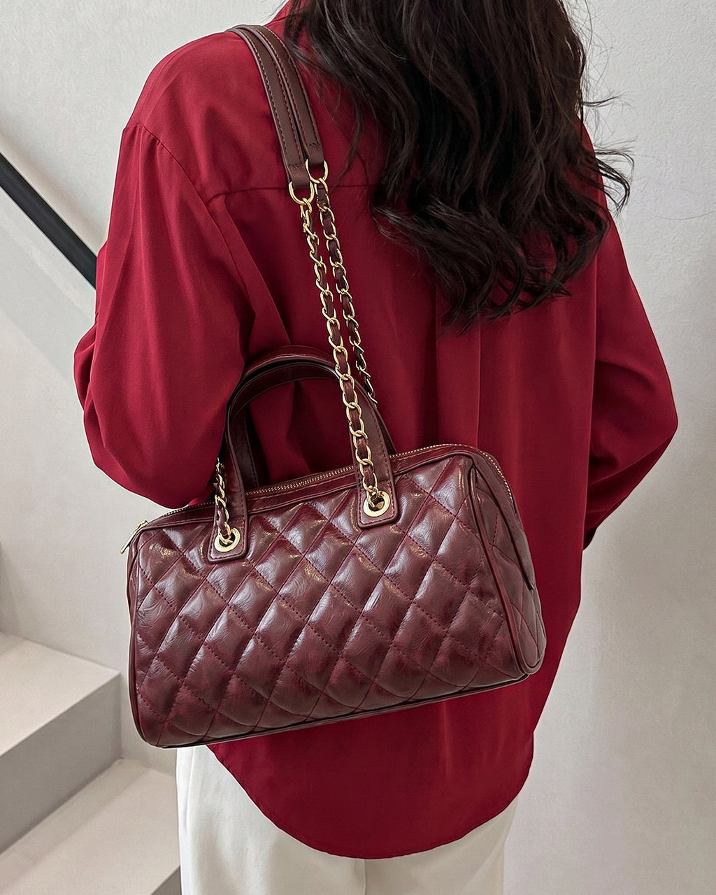 StyleShoot's Quilted Chain Strap Shoulder Bag in Cherry Red