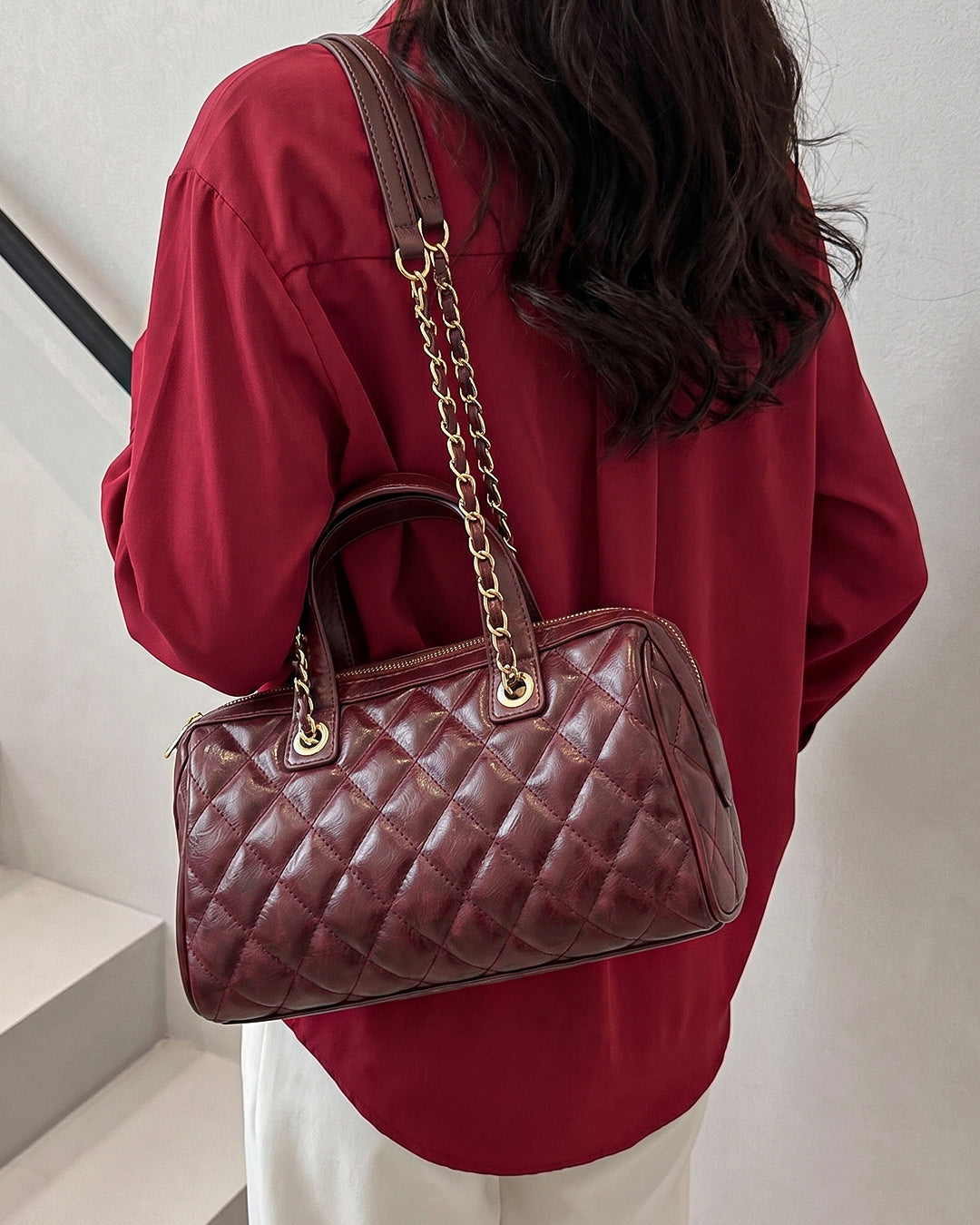 StyleShoot's Quilted Chain Strap Shoulder Bag in Cherry Red