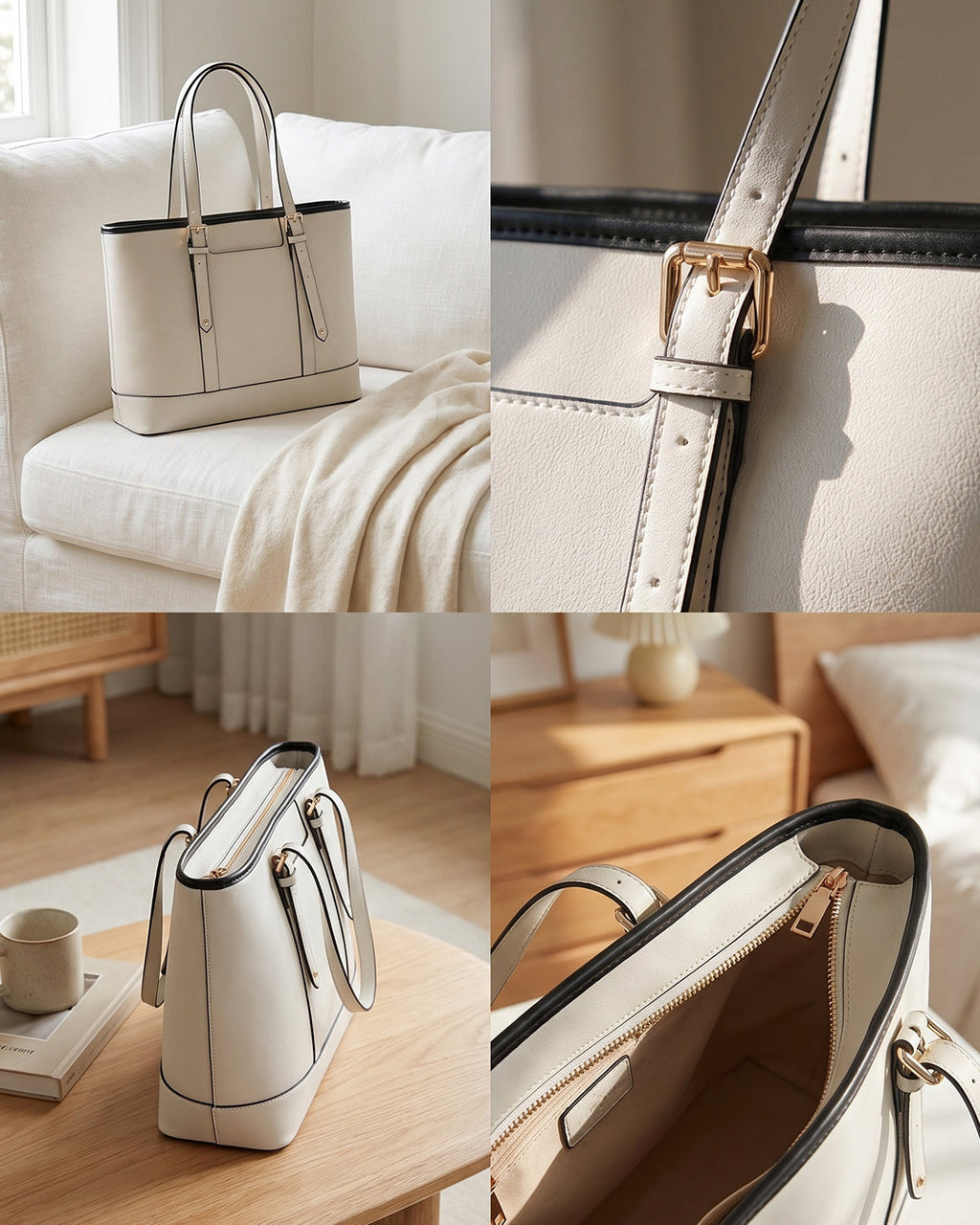 StyleShoot's Buckle Accent Office Tote Bag in Cream