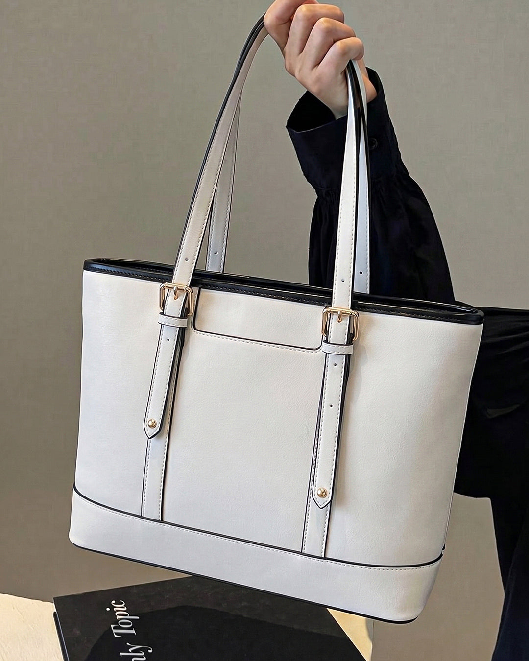 StyleShoot's Buckle Accent Office Tote Bag in Cream