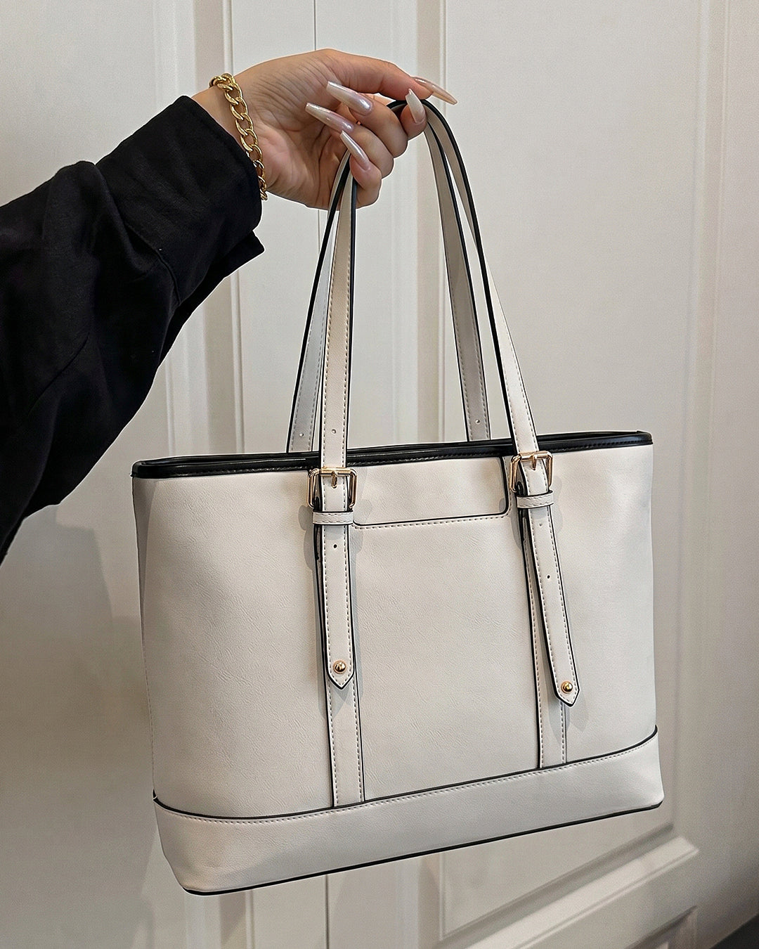 StyleShoot's Buckle Accent Office Tote Bag in Cream