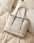 StyleShoot's Buckle Accent Office Tote Bag in Cream