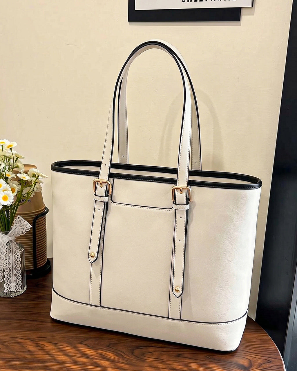 StyleShoot's Buckle Accent Office Tote Bag in Cream