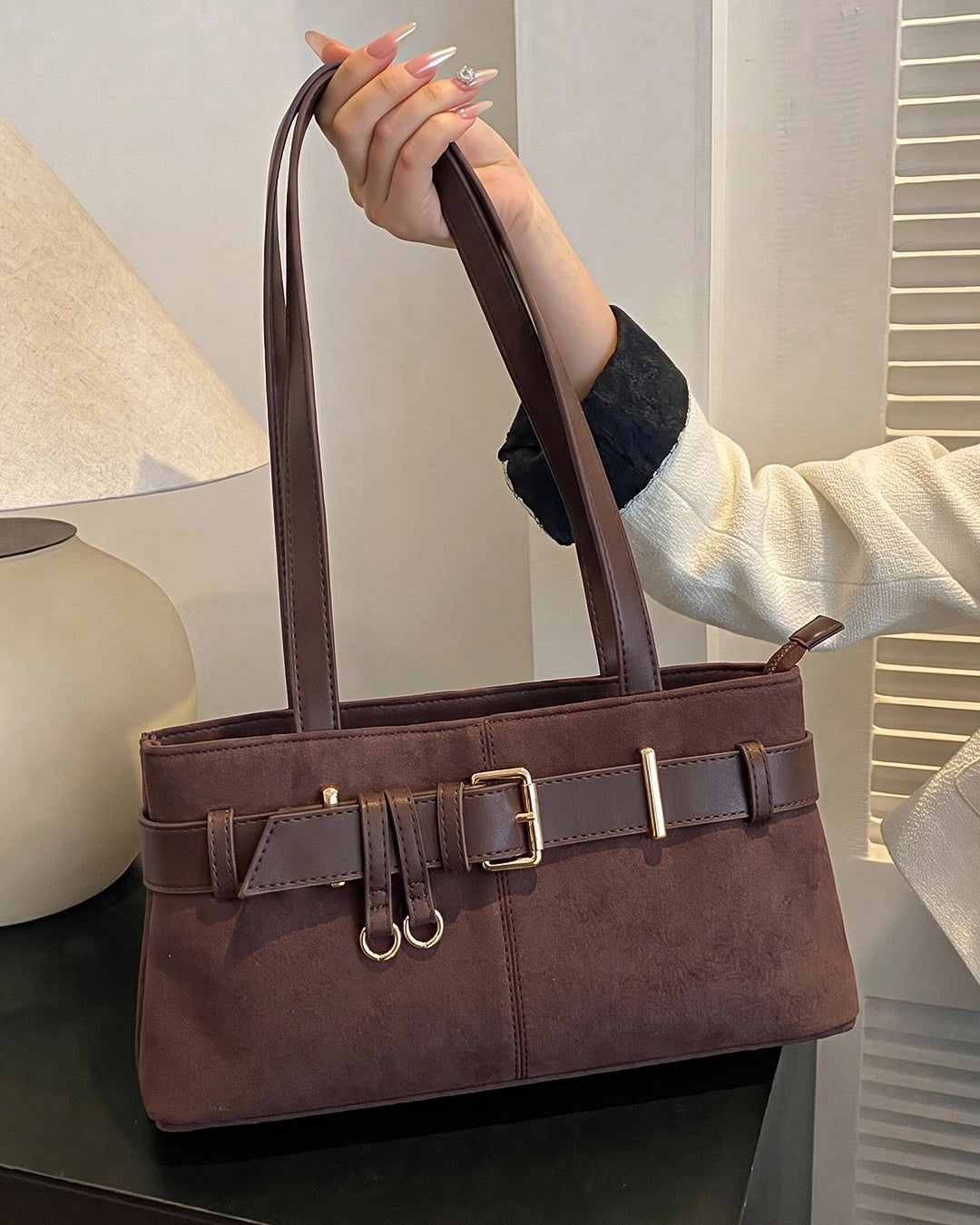 StyleShoot's Buckle Detail Structured Shoulder Bag in Coffee Brown