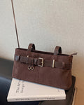 StyleShoot's Buckle Detail Structured Shoulder Bag in Coffee Brown