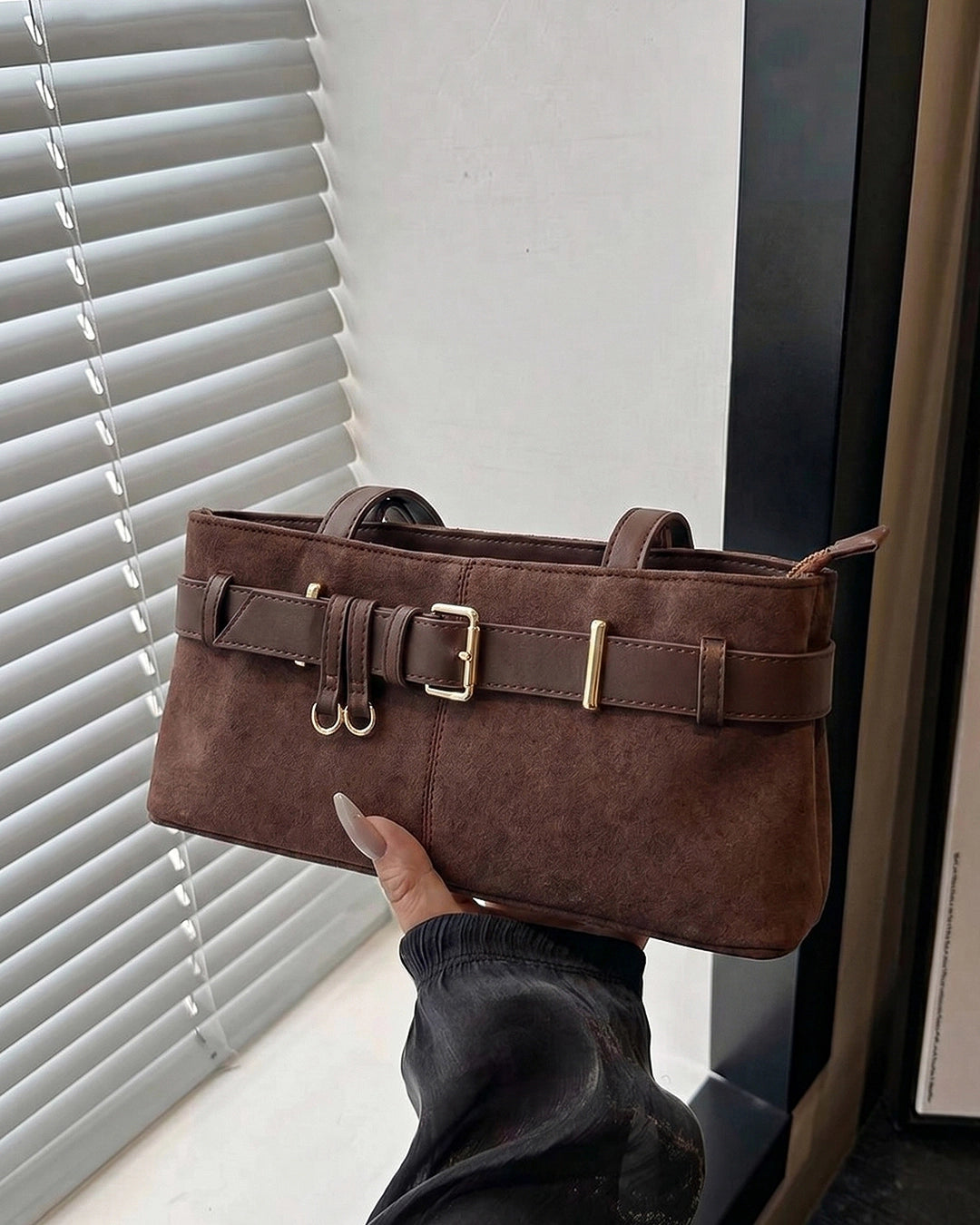StyleShoot's Buckle Detail Structured Shoulder Bag in Coffee Brown