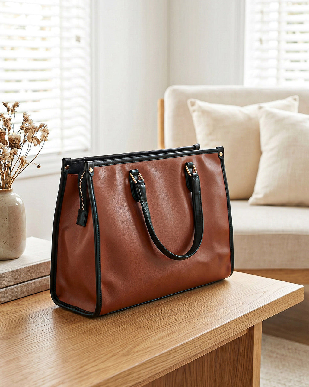 StyleShoot's Tailored Contrast Handle Tote Bag in Brown