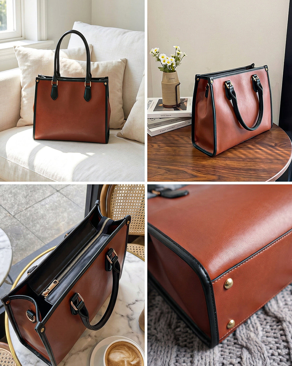 StyleShoot's Tailored Contrast Handle Tote Bag in Brown