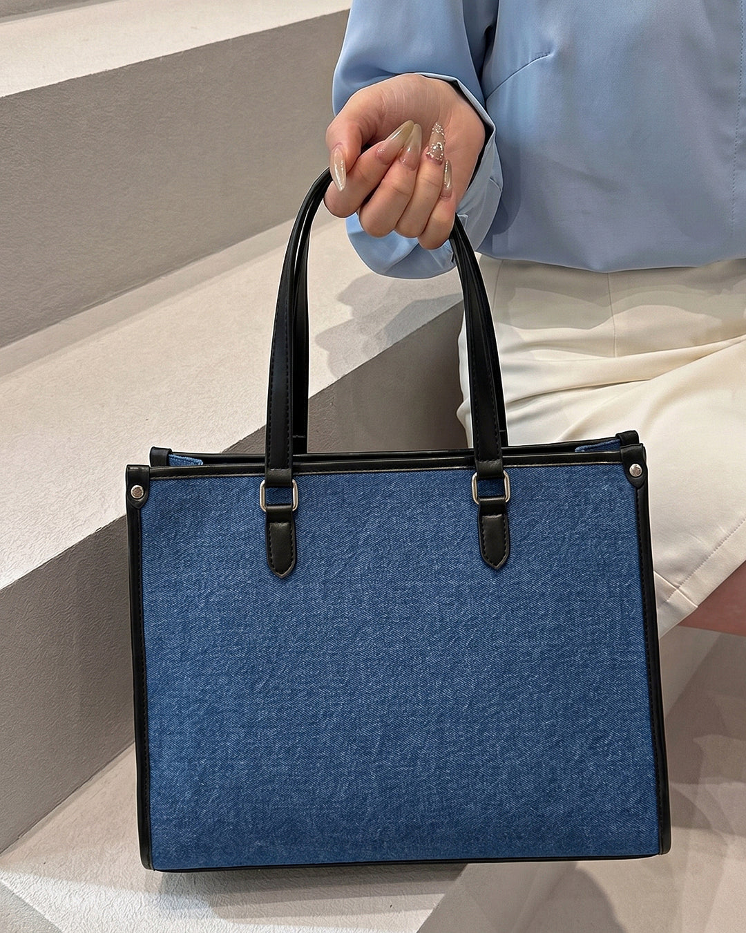 StyleShoot's Tailored Contrast Handle Tote Bag in Denim Blue