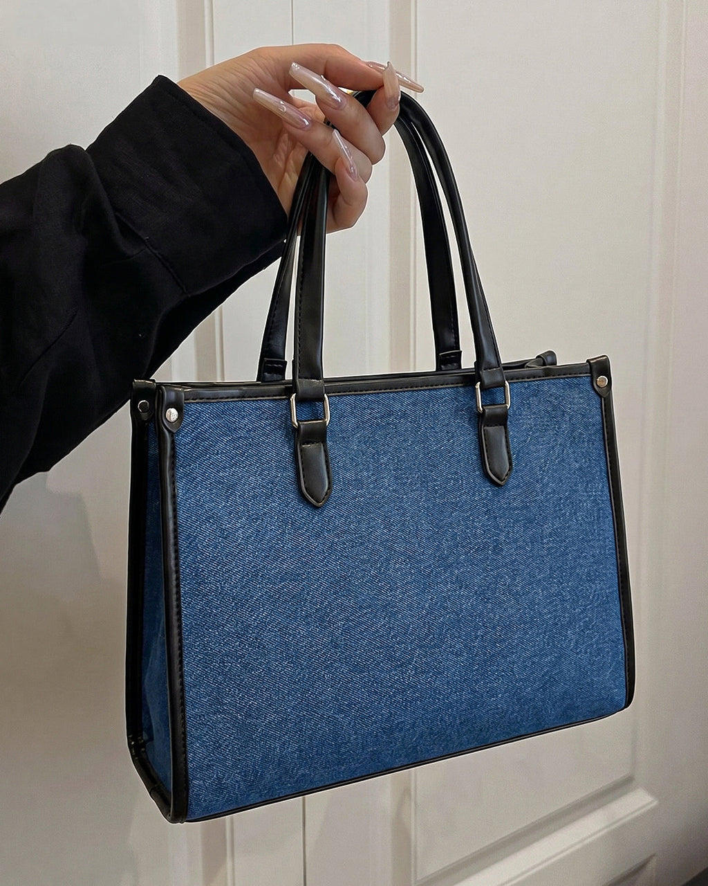StyleShoot's Tailored Contrast Handle Tote Bag in Denim Blue