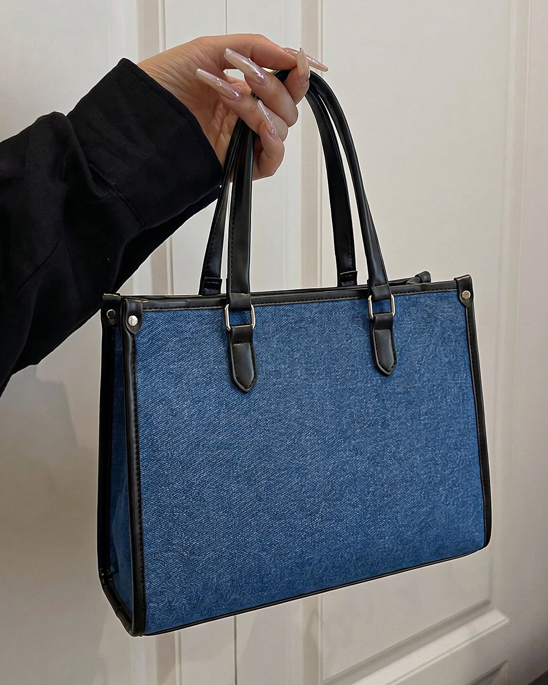 StyleShoot's Tailored Contrast Handle Tote Bag in Denim Blue