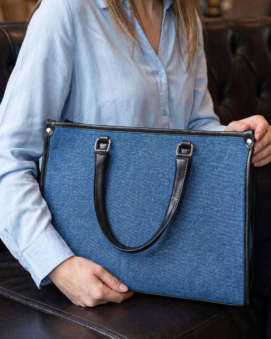 StyleShoot's Tailored Contrast Handle Tote Bag in Denim Blue
