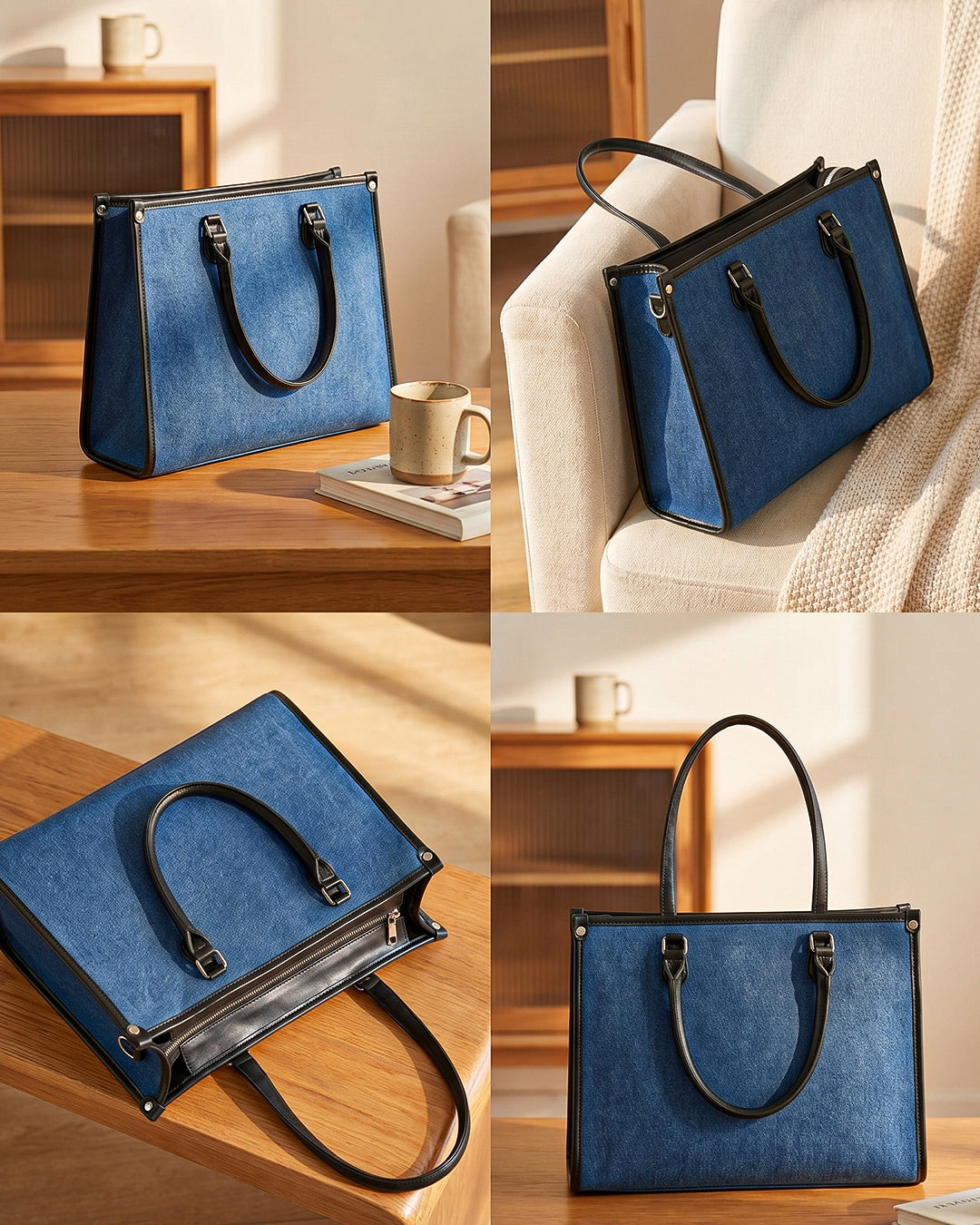 StyleShoot's Tailored Contrast Handle Tote Bag in Denim Blue