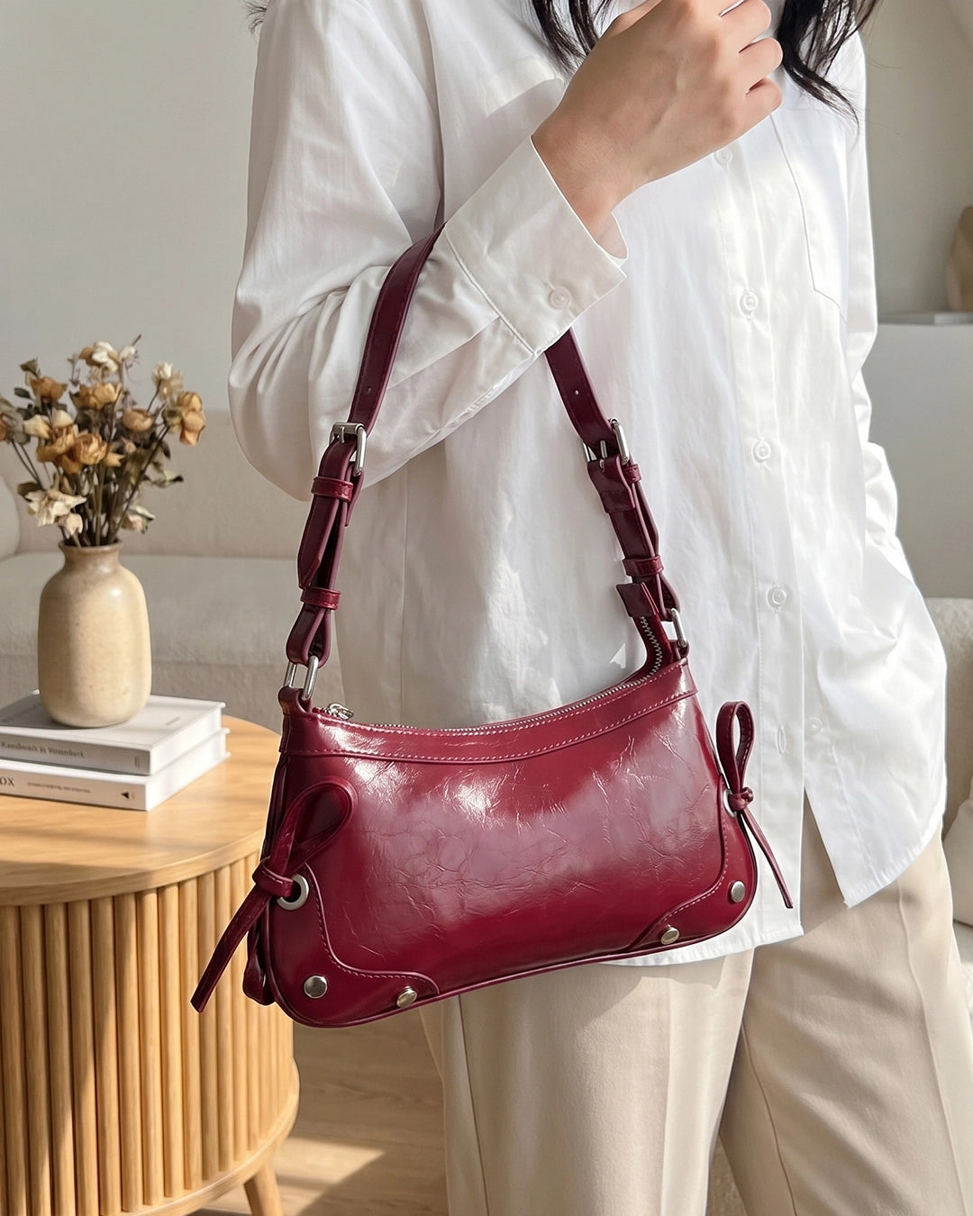 Glossy Shoulder Bag With Tie Detail in Cherry Red