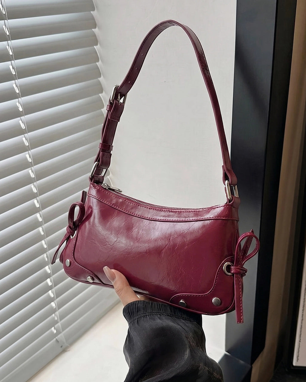 StyleShoot's Glossy Shoulder Bag With Tie Detail in Cherry Red