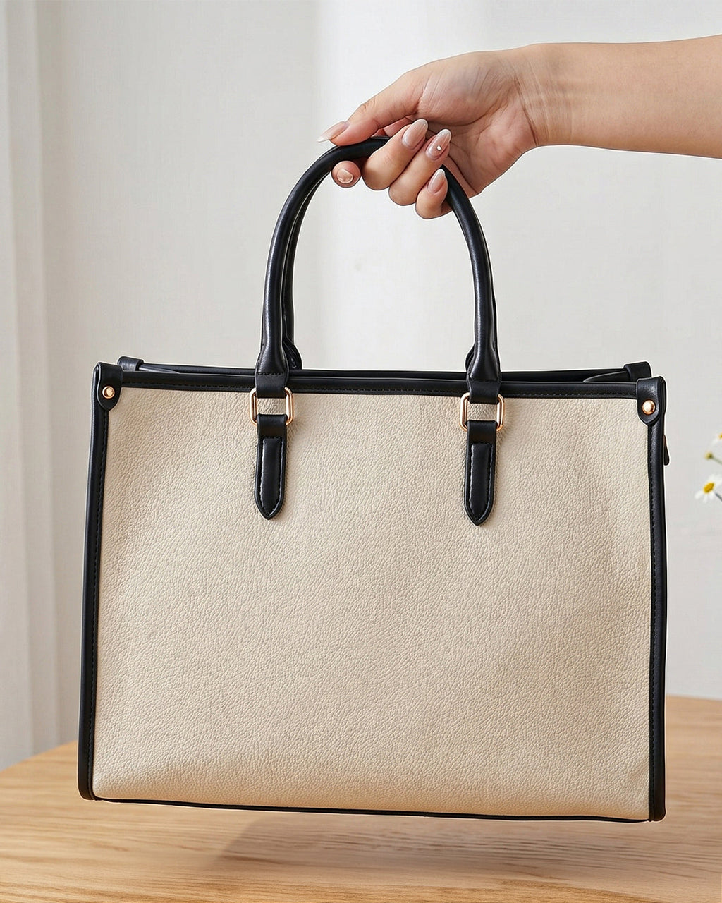 StyleShoot's Tailored Contrast Handle Tote Bag in Ivory White