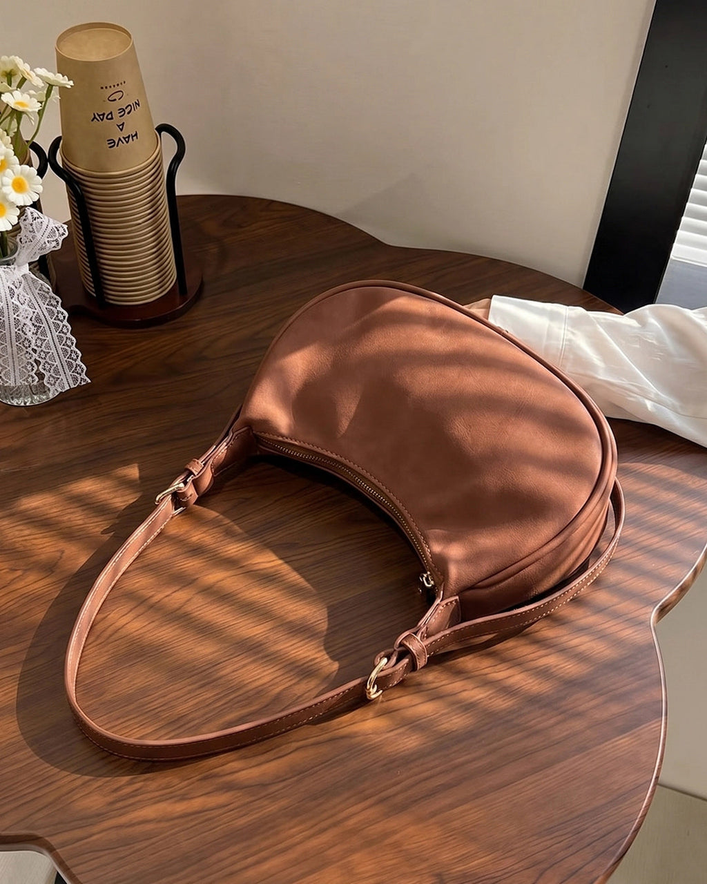 StyleShoot's Chic Minimal Shoulder Bag in Caramel Brown