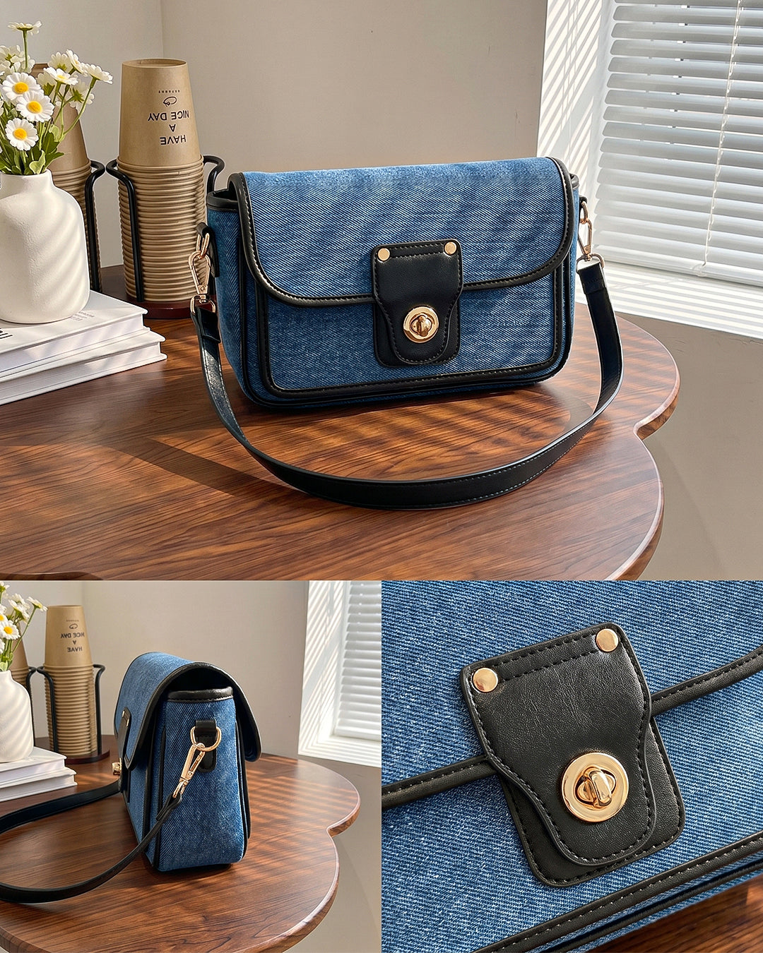 StyleShoot's Turn Lock Denim Crossbody Sling Bag in Blue