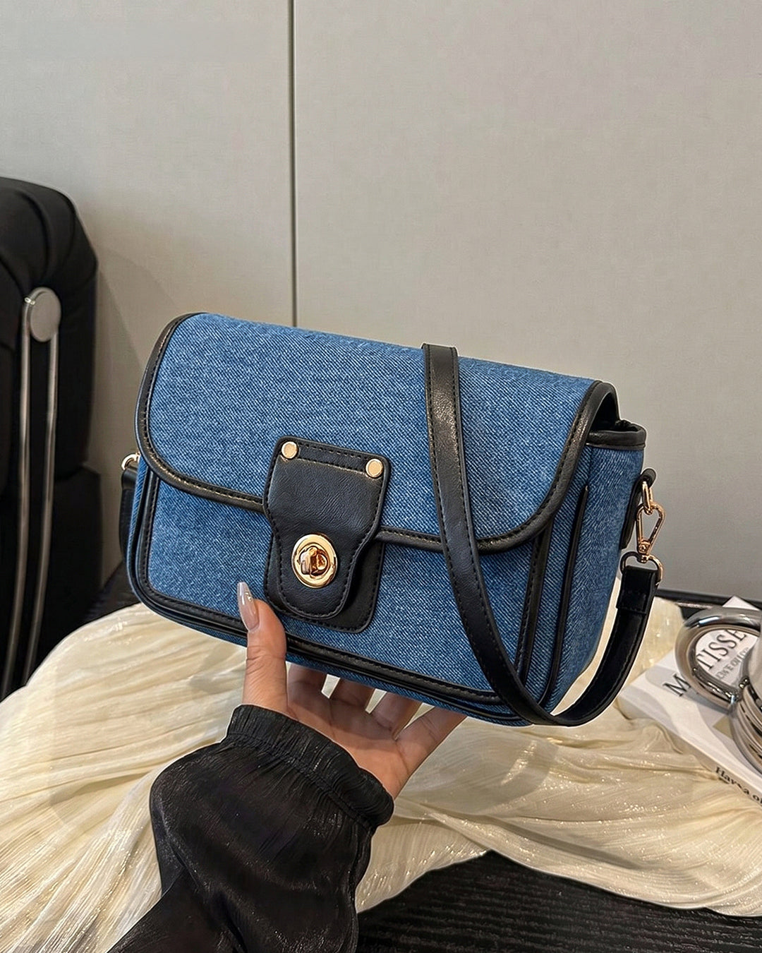 StyleShoot's Turn Lock Denim Crossbody Sling Bag in Blue