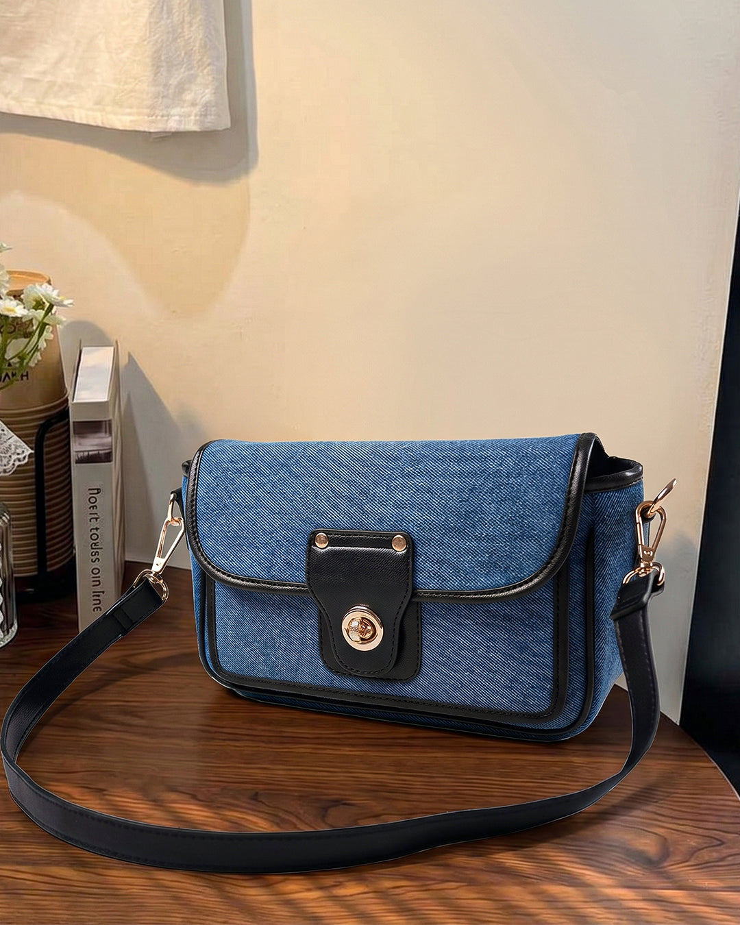 StyleShoot's Turn Lock Denim Crossbody Sling Bag in Blue