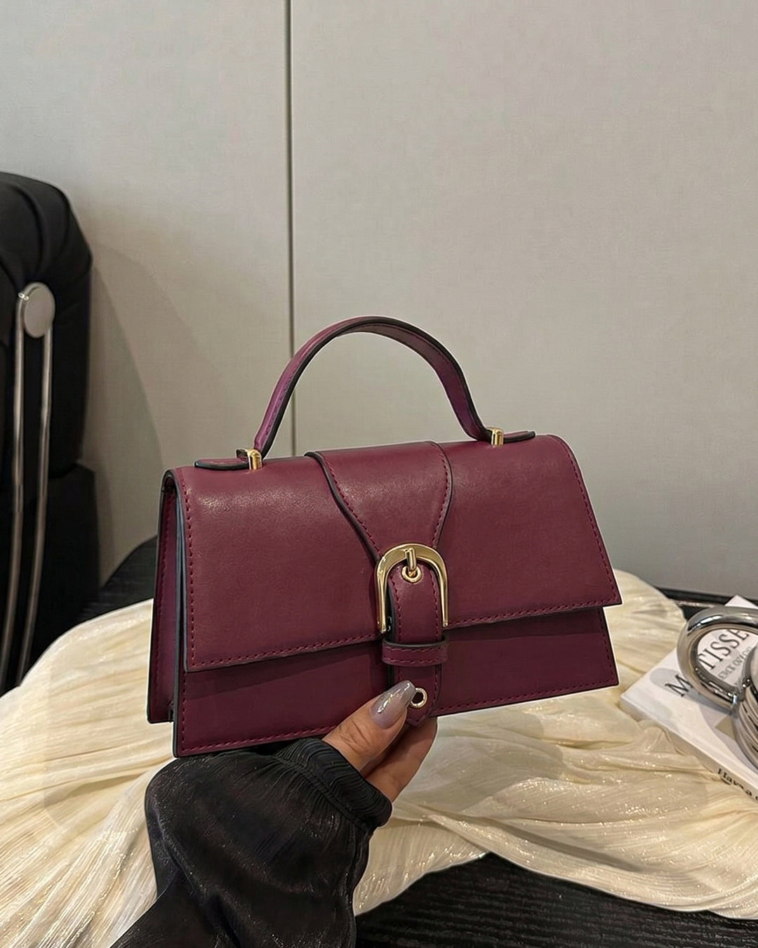 StyleShoot's Chain Strap Top Handle Sling Bag in Cherry Red