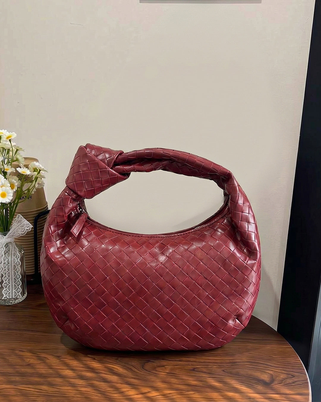 StyleShoot's Puffy Knot Handle Shoulder Bag in Maroon