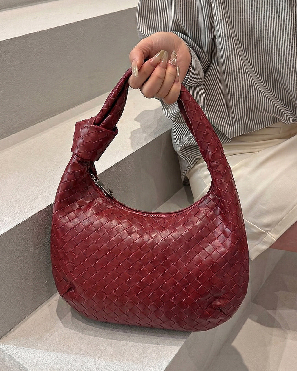 StyleShoot's Puffy Knot Handle Shoulder Bag in Maroon