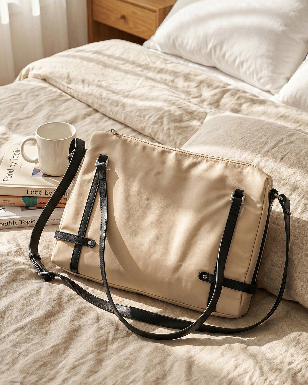 Functional Shoulder Bag With Contrast Strap Detail in Cream