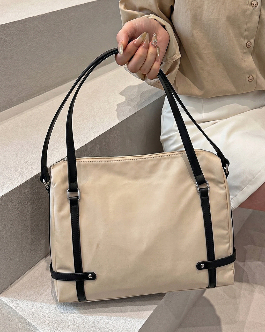 StyleShoot's Functional Shoulder Bag With Contrast Strap Detail in Cream
