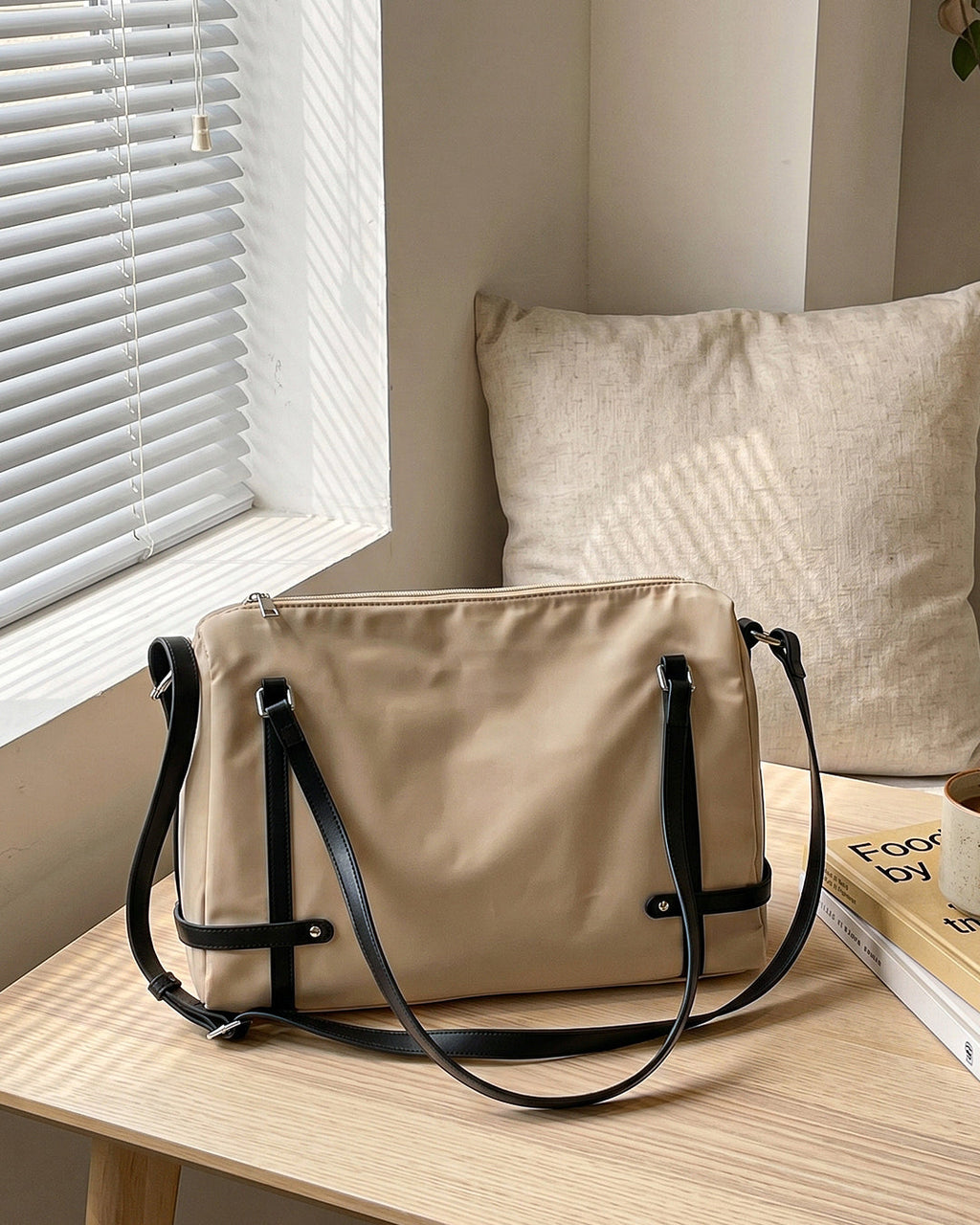 StyleShoot's Functional Shoulder Bag With Contrast Strap Detail in Cream
