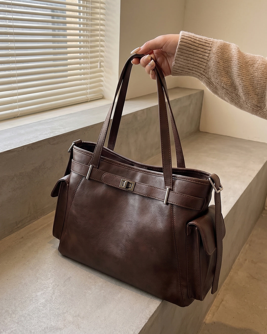 StyleShoot's Adjustable Strap Shoulder Bag in Espresso Brown