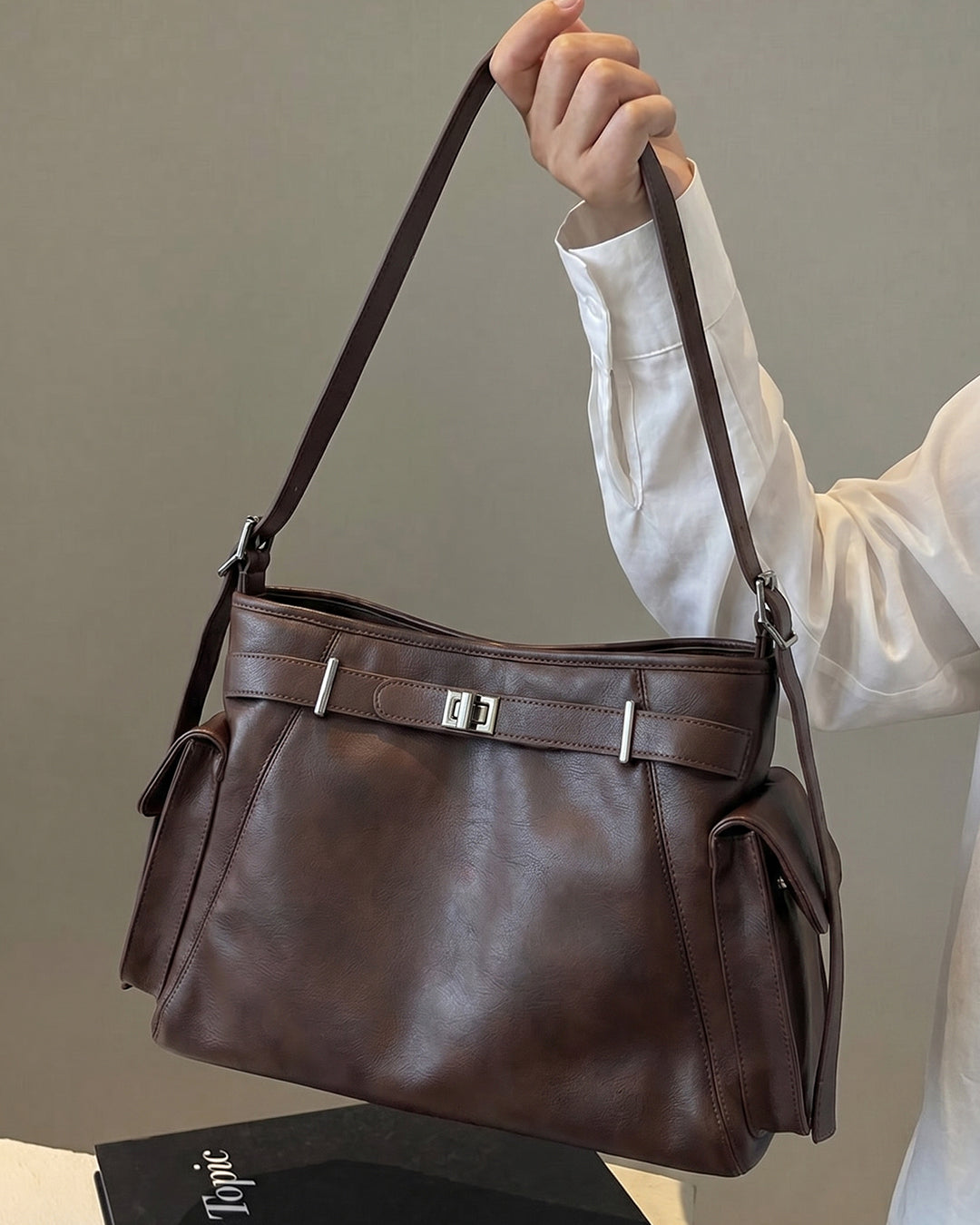 StyleShoot's Adjustable Strap Shoulder Bag in Espresso Brown