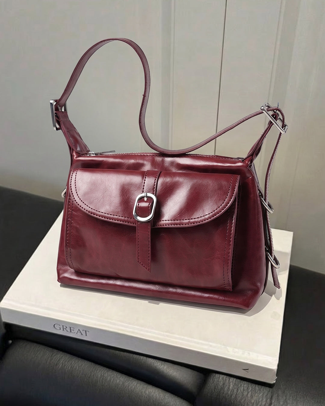 StyleShoot's Buckle Closure Flap Detail Shoulder Bag in Cherry Red