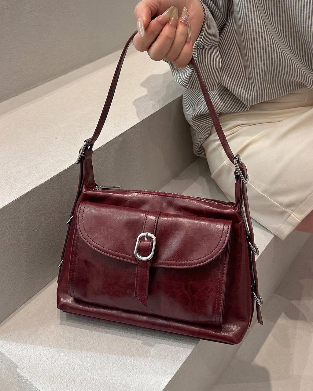 StyleShoot's Buckle Closure Flap Detail Shoulder Bag in Cherry Red