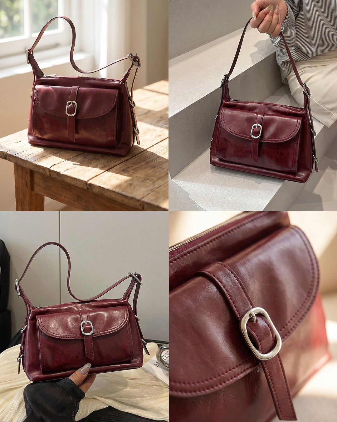 StyleShoot's Buckle Closure Flap Detail Shoulder Bag in Cherry Red