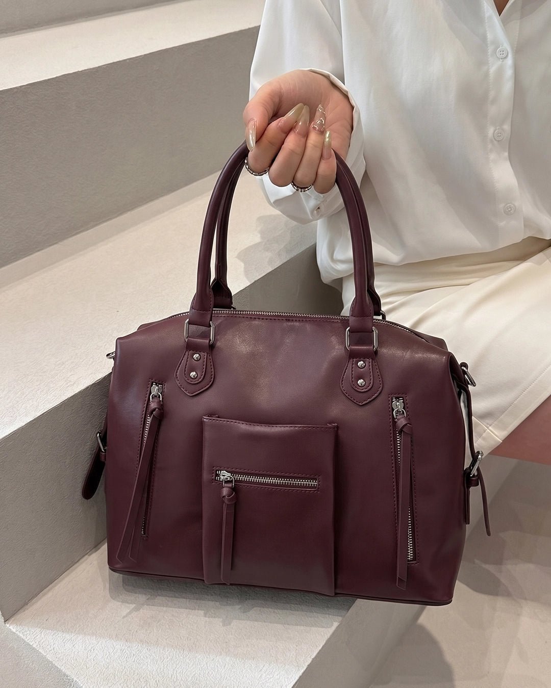 StyleShoot's Multi Zip Tote Handbag in Maroon
