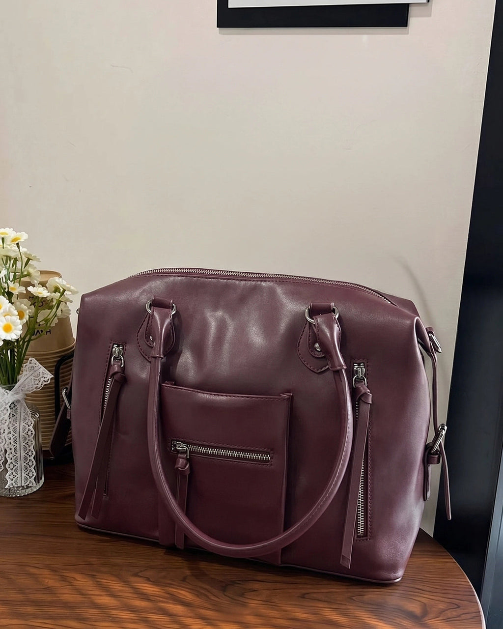StyleShoot's Multi Zip Tote Handbag in Maroon