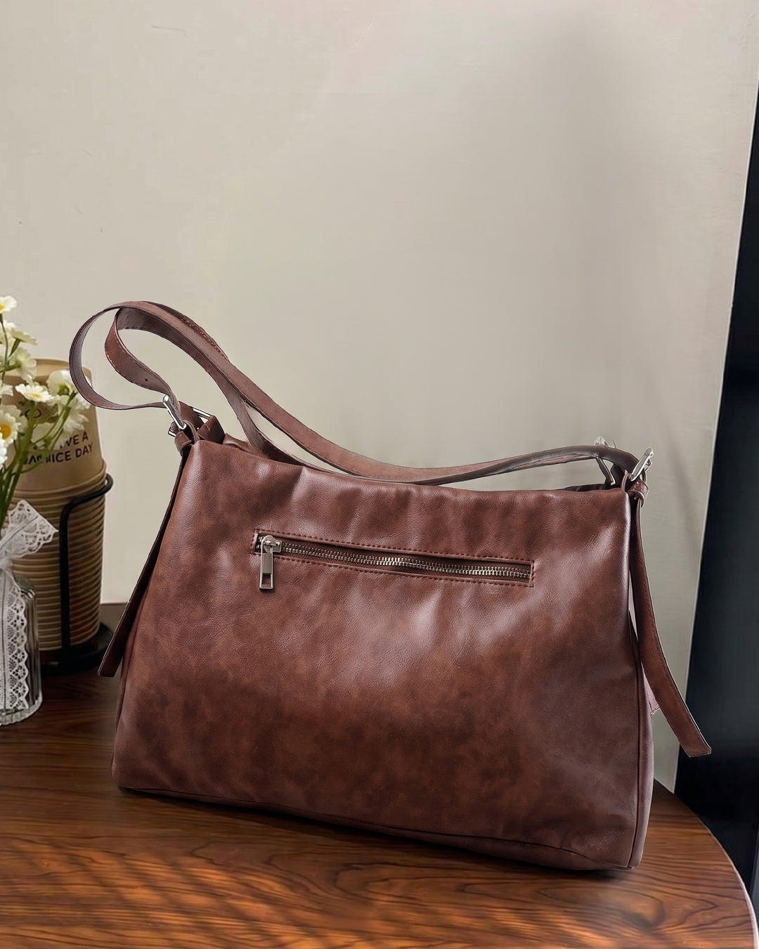 StyleShoot's Relaxed Fit Minimal Shoulder Bag in Chocolate Brown