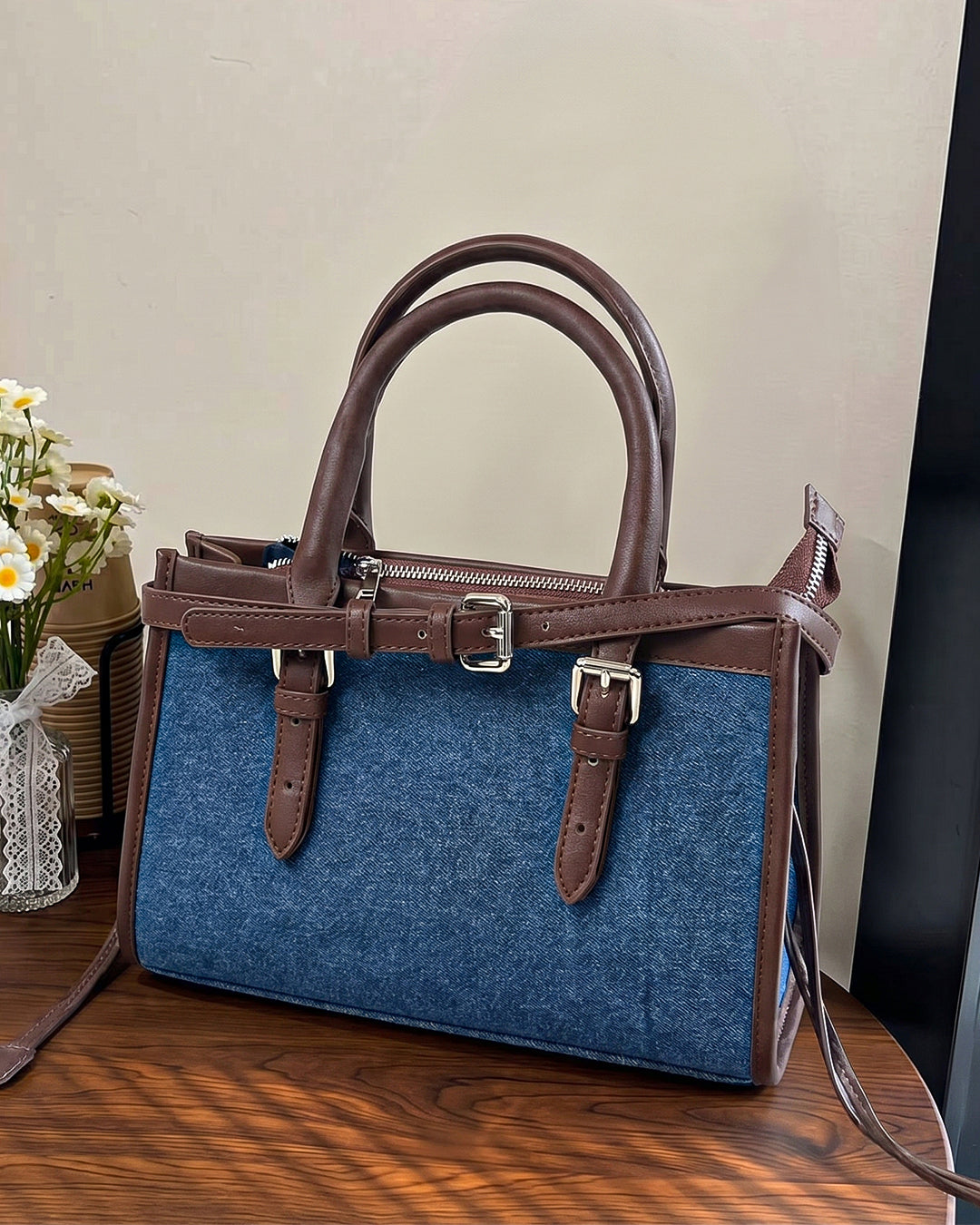 StyleShoot's Denim Buckle Detail Top Handle Shoulder Bag in Blue