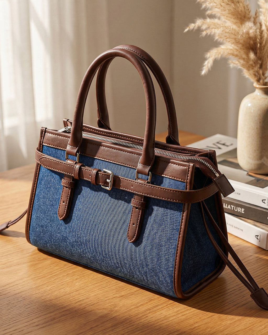 StyleShoot's Denim Buckle Detail Top Handle Shoulder Bag in Blue
