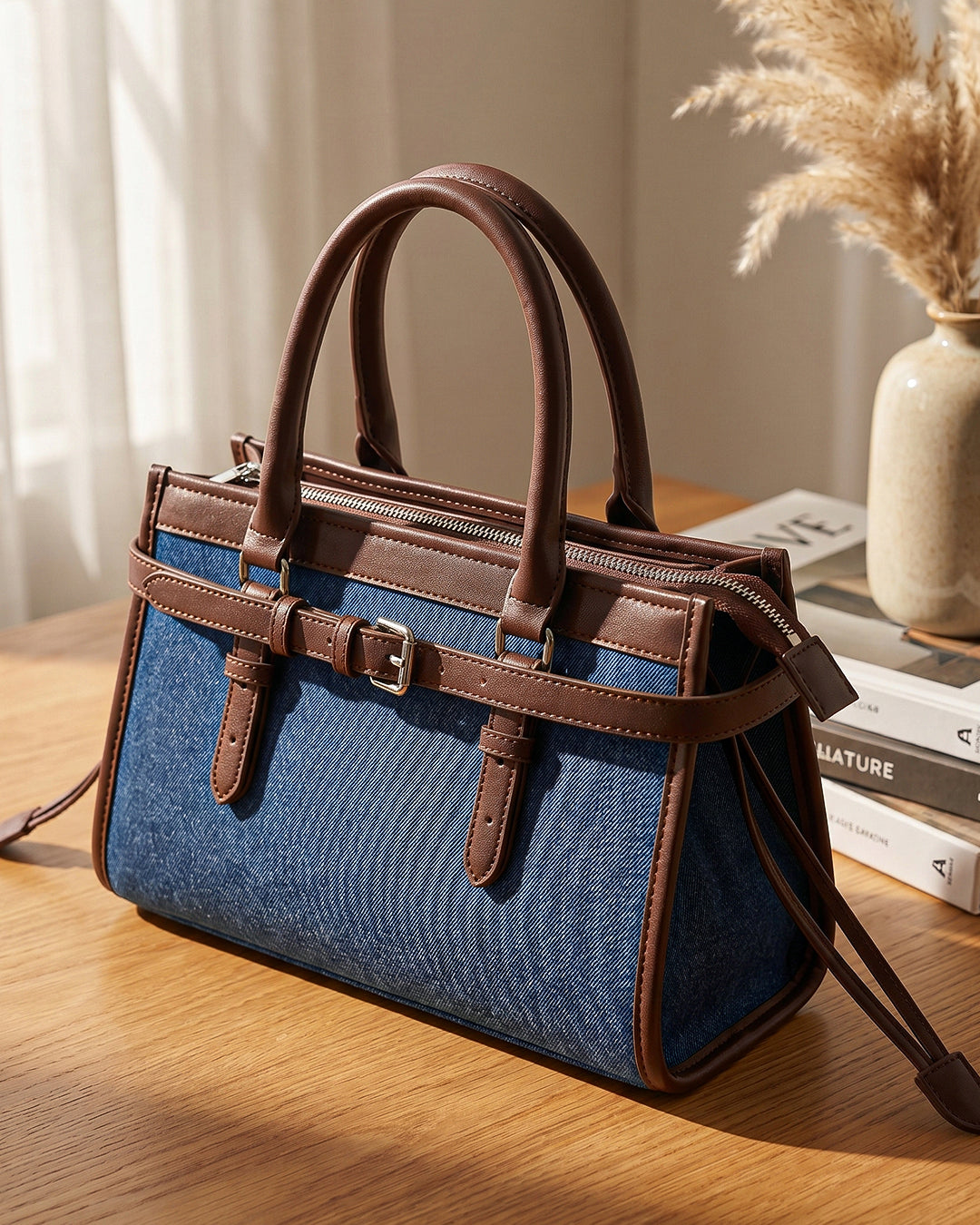 StyleShoot's Denim Buckle Detail Top Handle Shoulder Bag in Blue