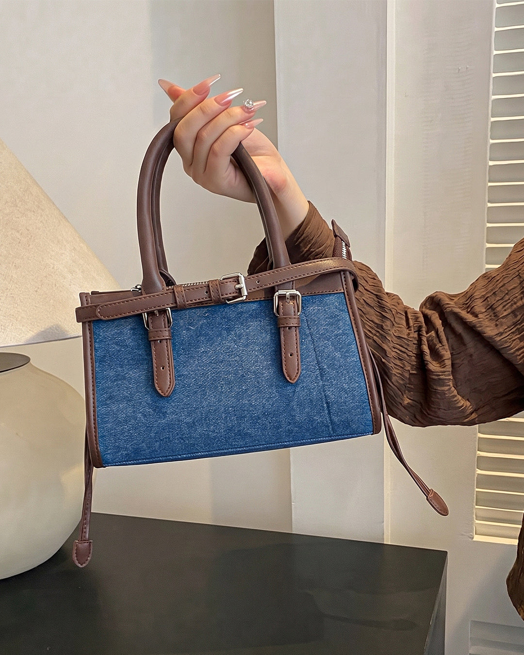 StyleShoot's Denim Buckle Detail Top Handle Shoulder Bag in Blue