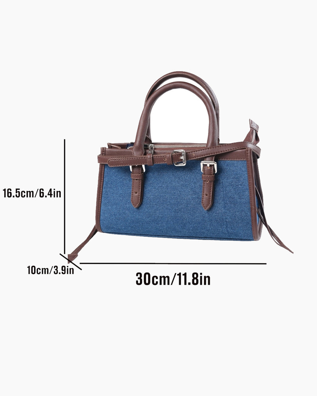 StyleShoot's Denim Buckle Detail Top Handle Shoulder Bag in Blue