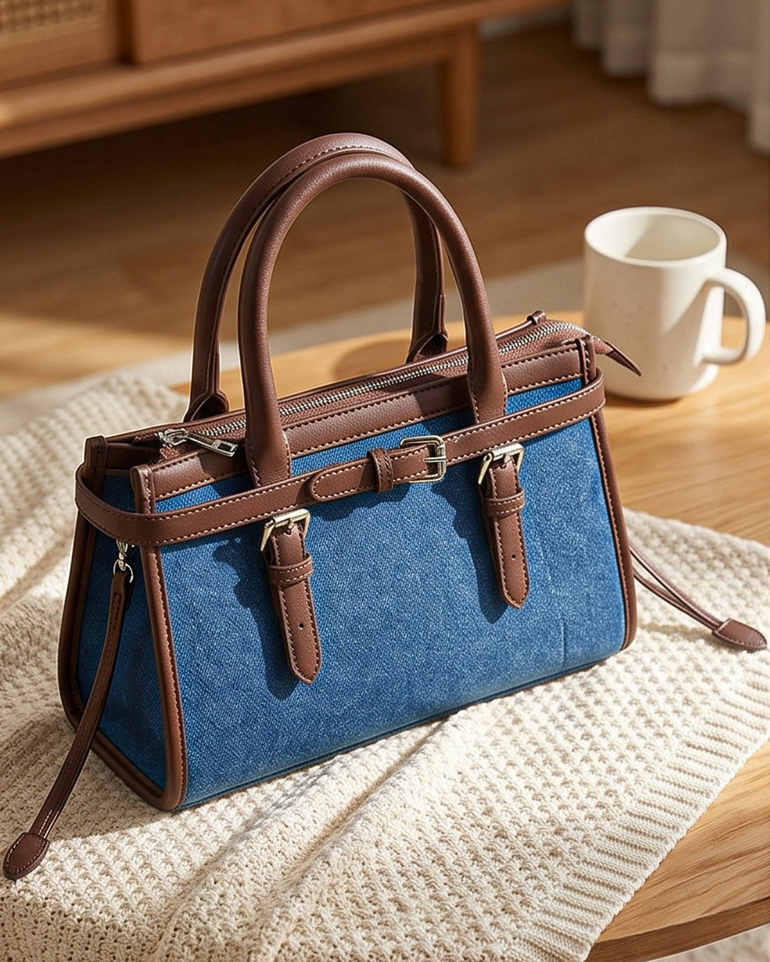 StyleShoot's Denim Buckle Detail Top Handle Shoulder Bag in Blue